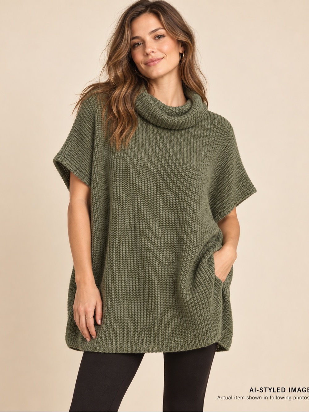 Pact Green Cowl Neck Short Sleeve Knit Tunic